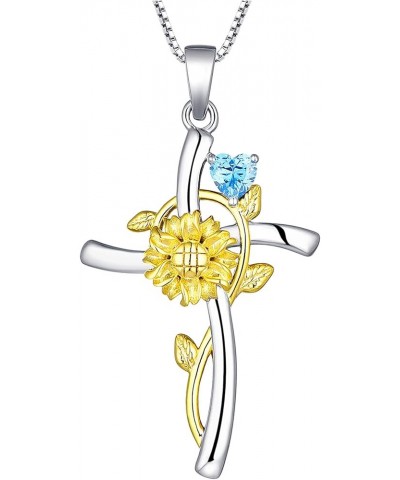 Cross Pendant Necklace 925 Sterling Silver Sunflower Necklace Birthstones Flower Jewelry for Women 03-aquamarine-Mar $30.55 N...