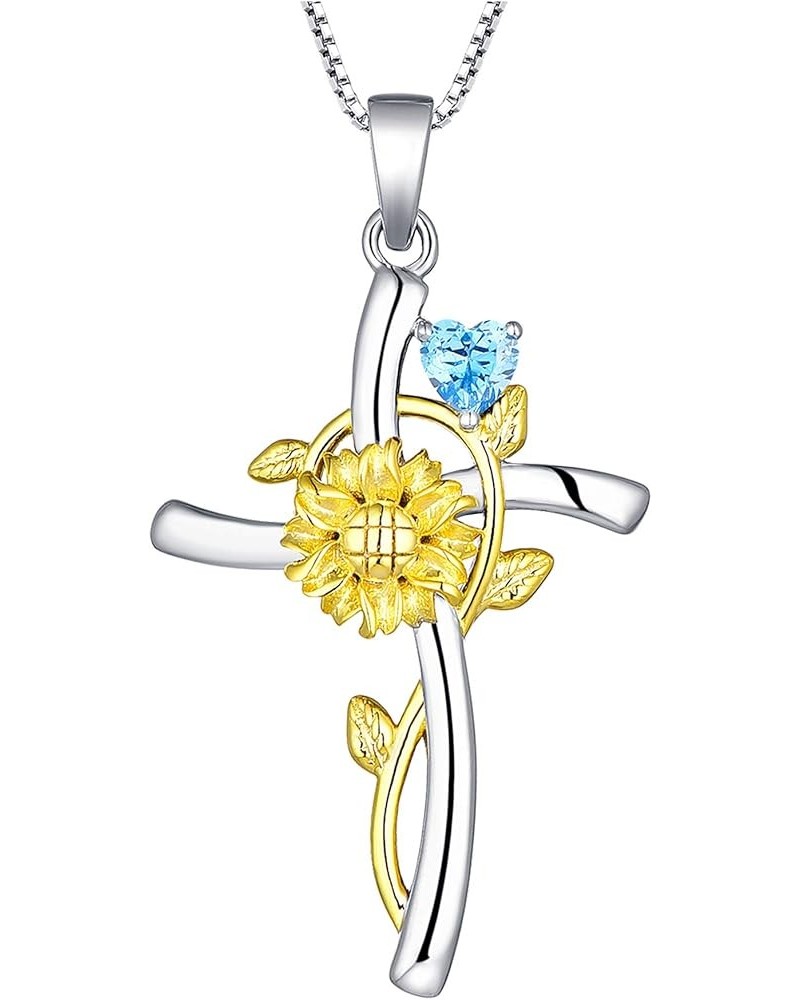 Cross Pendant Necklace 925 Sterling Silver Sunflower Necklace Birthstones Flower Jewelry for Women 03-aquamarine-Mar $30.55 N...