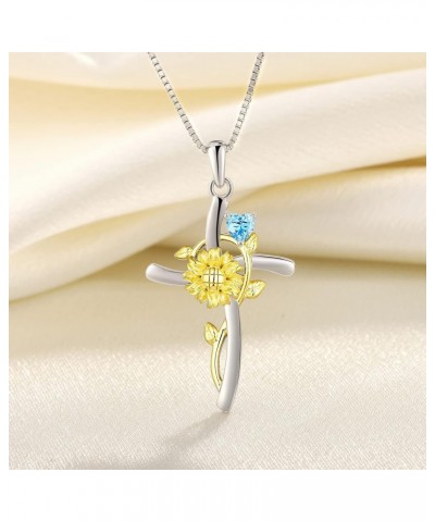 Cross Pendant Necklace 925 Sterling Silver Sunflower Necklace Birthstones Flower Jewelry for Women 03-aquamarine-Mar $30.55 N...