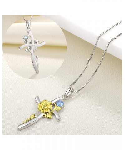 Cross Pendant Necklace 925 Sterling Silver Sunflower Necklace Birthstones Flower Jewelry for Women 03-aquamarine-Mar $30.55 N...