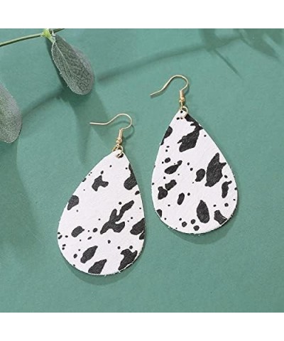 Faux Leather Cow Print Teardrop Leaf Drop Dangle Earrings Floral Hook Star Round for Women Girls Lightweight Handmade Aesthet...