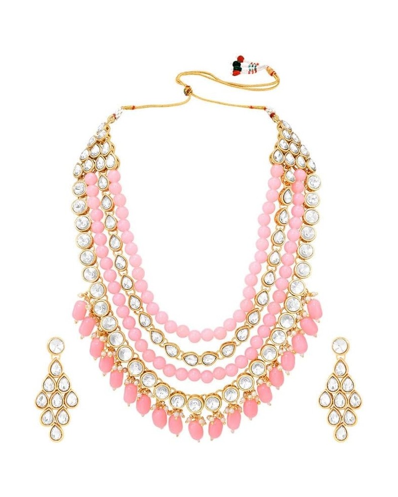 Multi Layered Faux Kundan Beaded Necklace Earrings Maang Tikka Indian Ethnic Bollywood Jewelry Set for Women Pink $15.98 Jewe...