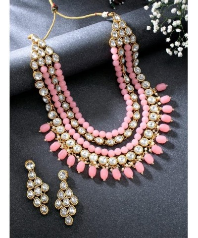 Multi Layered Faux Kundan Beaded Necklace Earrings Maang Tikka Indian Ethnic Bollywood Jewelry Set for Women Pink $15.98 Jewe...