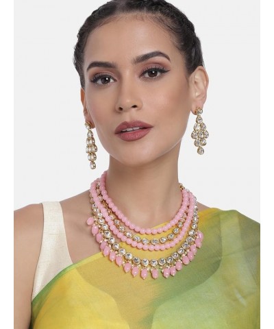 Multi Layered Faux Kundan Beaded Necklace Earrings Maang Tikka Indian Ethnic Bollywood Jewelry Set for Women Pink $15.98 Jewe...