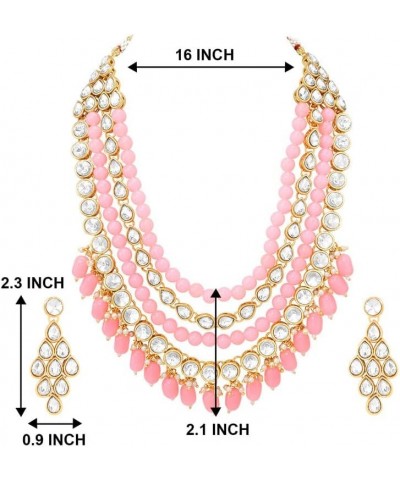 Multi Layered Faux Kundan Beaded Necklace Earrings Maang Tikka Indian Ethnic Bollywood Jewelry Set for Women Pink $15.98 Jewe...