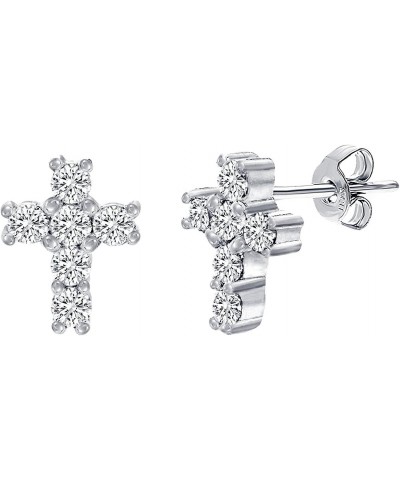 925 Sterling Silver Cubic Zirconia Small Cross Earrings for Women Studs $8.54 Earrings