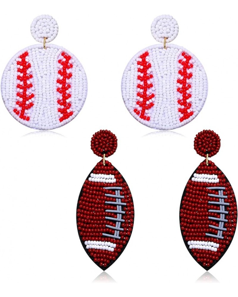 2 Pairs Beaded Baseball Earrings Sports Earring for Women Statement Game Team Sports Ball Dangle Drop Earrings Theme Party Je...