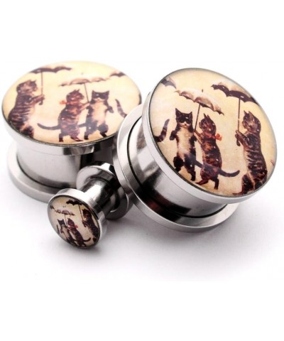 Screw on Plugs - Cats With Umbrellas Picture Plugs - Sold As a Pair 1" (25mm) $10.00 Body Jewelry