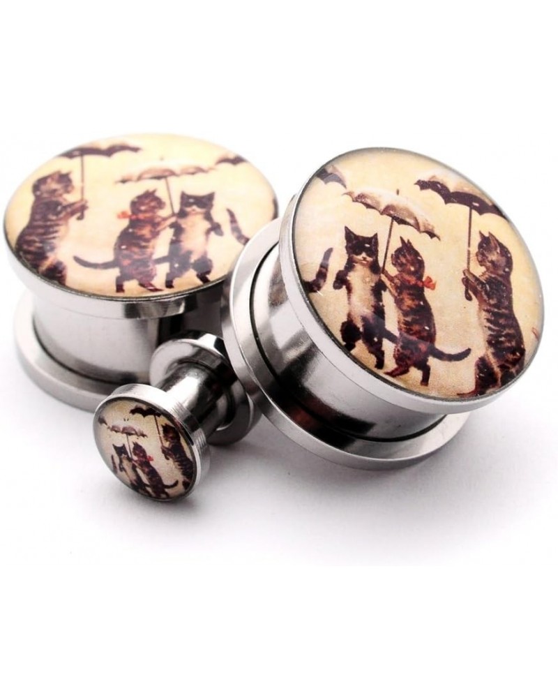 Screw on Plugs - Cats With Umbrellas Picture Plugs - Sold As a Pair 1" (25mm) $10.00 Body Jewelry