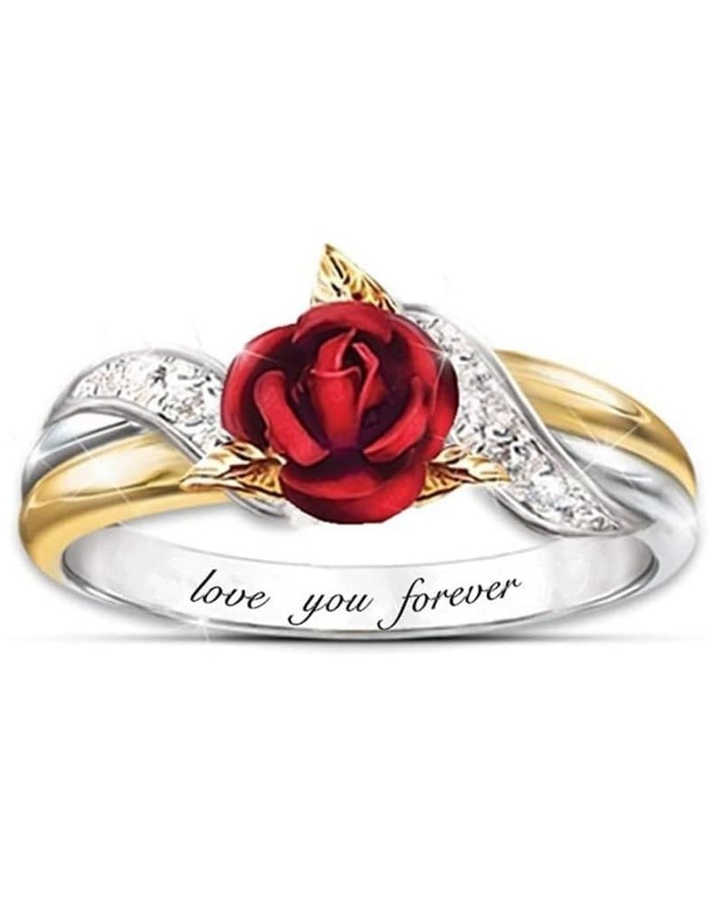 Rose Flower Rings for Women Gold Plated Red Rose Flower Band Ring Love You Forever Ring Wedding Jewelry Valentines Gifts 7 $7...