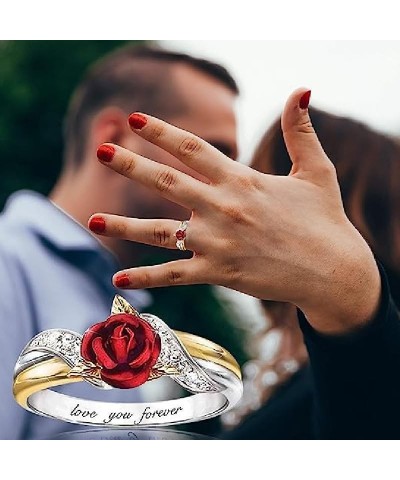 Rose Flower Rings for Women Gold Plated Red Rose Flower Band Ring Love You Forever Ring Wedding Jewelry Valentines Gifts 7 $7...