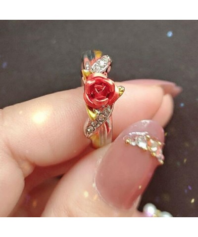 Rose Flower Rings for Women Gold Plated Red Rose Flower Band Ring Love You Forever Ring Wedding Jewelry Valentines Gifts 7 $7...