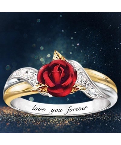 Rose Flower Rings for Women Gold Plated Red Rose Flower Band Ring Love You Forever Ring Wedding Jewelry Valentines Gifts 7 $7...