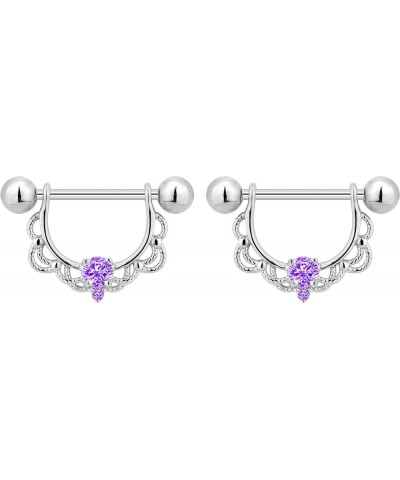 14g-16g Surgical Steel & Gold Plated CZ Crystal Lacey Partial Nipple Shield Filigree Barbell Set 14G Steel, Lavender CZ $10.0...