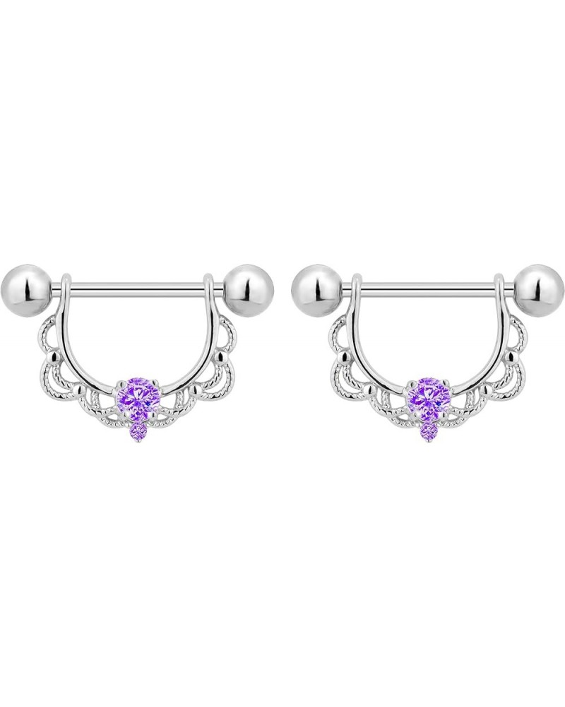 14g-16g Surgical Steel & Gold Plated CZ Crystal Lacey Partial Nipple Shield Filigree Barbell Set 14G Steel, Lavender CZ $10.0...