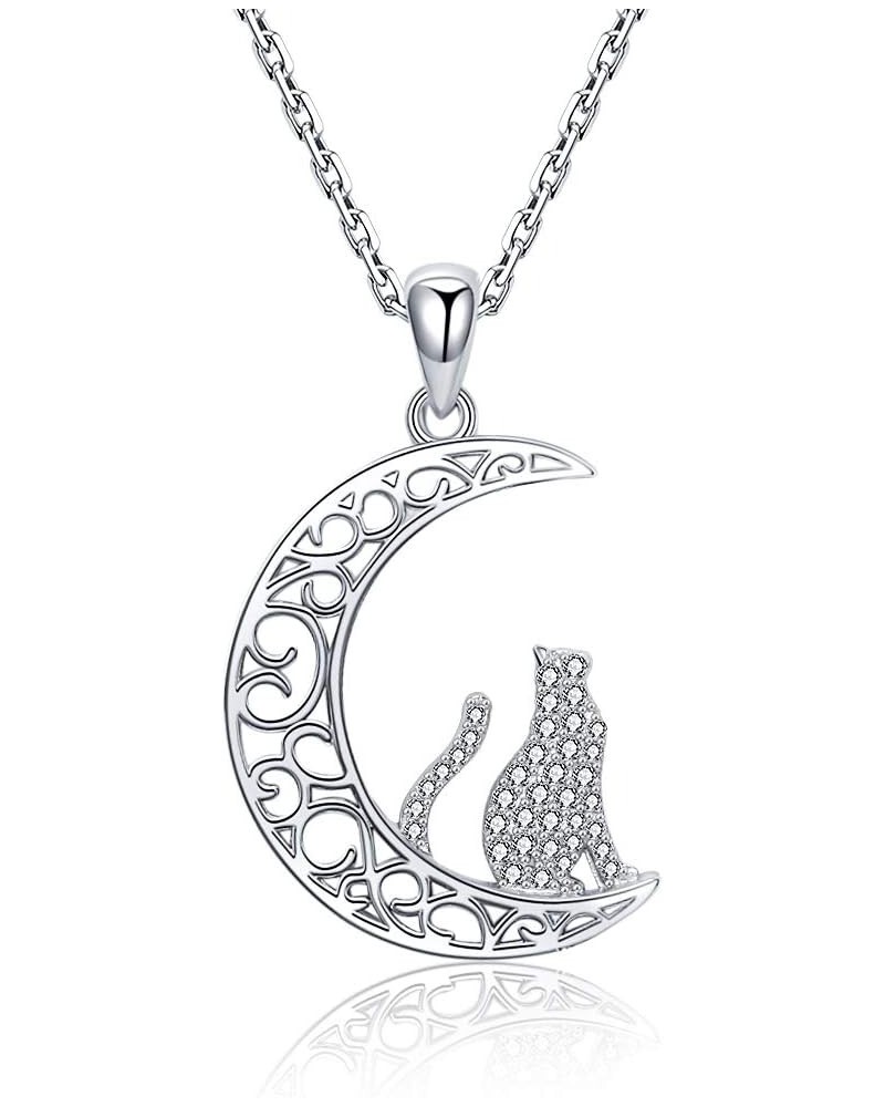 925-Sterling-Silver Moon Cat Heart Necklace - Cute Cat Pendant Paw Print Necklace For Women,Cat-lovers and Teenage Girl Chris...