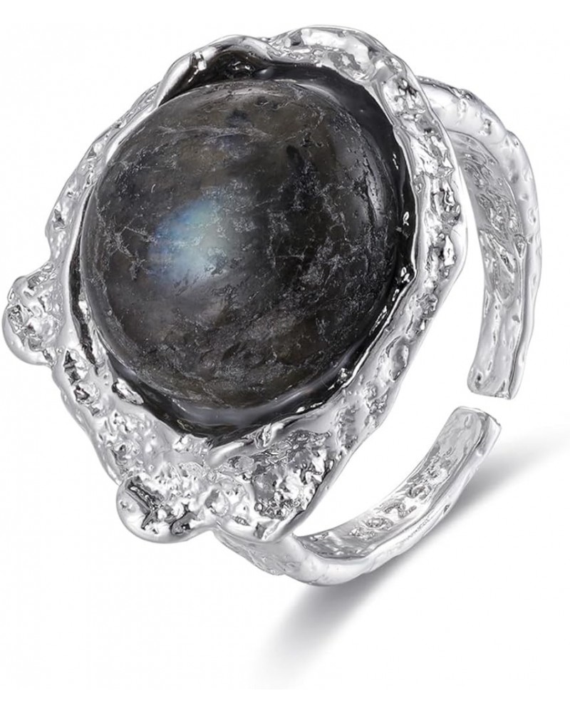 Round Gemstone Ring Natural Stone Ring for Women Birthday Christmas Silver $6.00 Rings