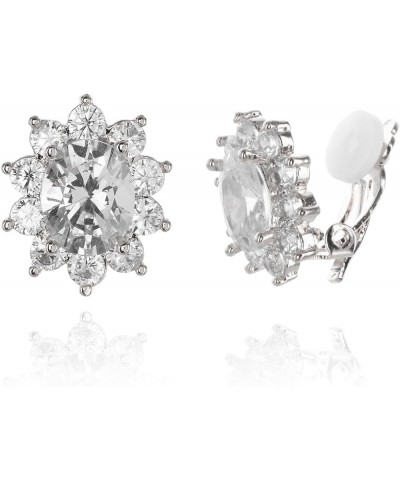 Women's Cubic Zirconia Gold Plated Floral Halo Stud Clip On Earrings White Gold $7.97 Earrings