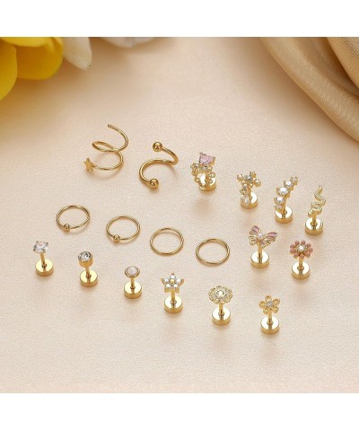 18PCS Cartilage Earring Stud for Women Surgical Steel Flat Back Earrings Couch Hoop Piercing Opal Flower Sanke Helix Tragus P...