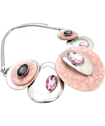 Women's Celluloid Acetate Oval Disc Glass Stone Metal Link Statement 17 inches Plus Extension Link Necklace Silver + Pink Ton...