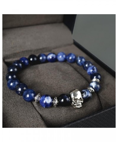 Skull Beaded Bracelet for Men Women, Elastic Adjustable Black Bead Stone Punk Bracelet, Halloween Handmade Jewelry Accessorie...