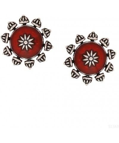 Women's Oxidised Plating Brass Moksha Antique Style Round Earrings With Red Studs(Free Size)(Silver) $9.68 Earrings