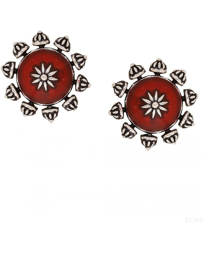 Women's Oxidised Plating Brass Moksha Antique Style Round Earrings With Red Studs(Free Size)(Silver) $9.68 Earrings