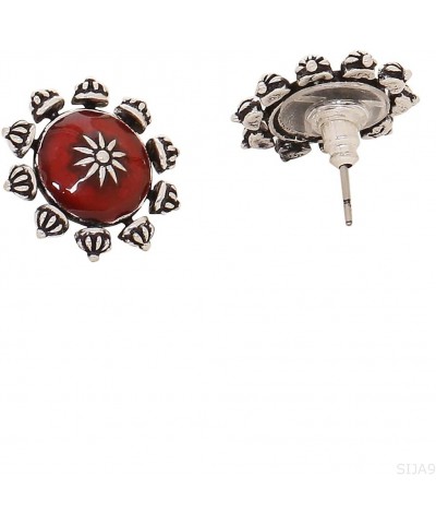 Women's Oxidised Plating Brass Moksha Antique Style Round Earrings With Red Studs(Free Size)(Silver) $9.68 Earrings