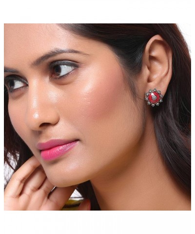 Women's Oxidised Plating Brass Moksha Antique Style Round Earrings With Red Studs(Free Size)(Silver) $9.68 Earrings