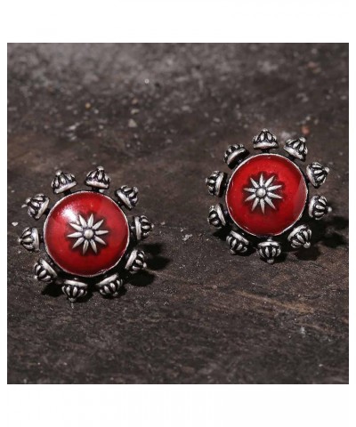 Women's Oxidised Plating Brass Moksha Antique Style Round Earrings With Red Studs(Free Size)(Silver) $9.68 Earrings