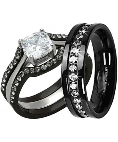 His and Hers 4 Piece Black Stainless Steel and Titanium Wedding Engagement Ring Band Set Size Women's 10 Men's 13 $20.39 Sets