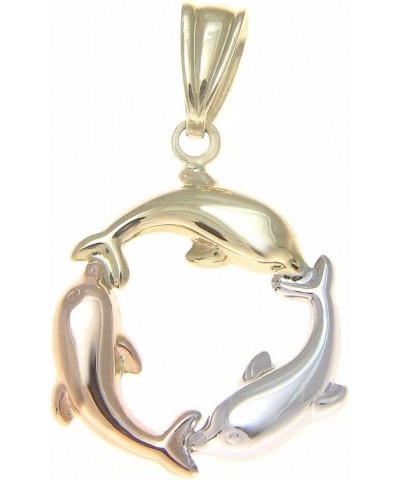 14K solid tricolor gold high polish 2 sided Hawaiian 3d dolphin circle charm pendant $41.16 Necklaces