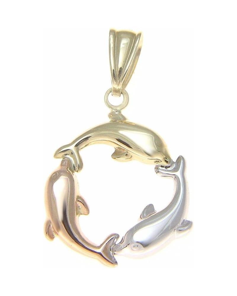 14K solid tricolor gold high polish 2 sided Hawaiian 3d dolphin circle charm pendant $41.16 Necklaces