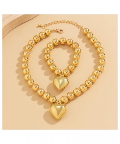 Chunky Gold Heart Choker Necklace and Bracelet Set Gold Beads Necklace with Big Heart Pendant Gold and Pearl Heart Toggle Nec...