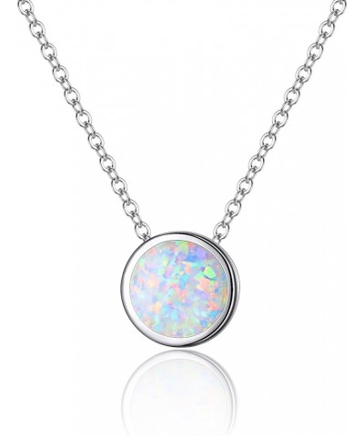 Opal Necklace for Gift Women 925 Sterling Silver Created Opal Birthstone Round Pendant Necklaces Valentines Day Blue Silver-T...