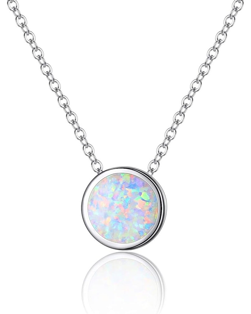 Opal Necklace for Gift Women 925 Sterling Silver Created Opal Birthstone Round Pendant Necklaces Valentines Day Blue Silver-T...