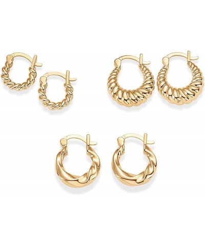 14K Gold Plated Sterling Silver Posts 3 Pairs Rope Twisted Hoop Earrings Set | Three Chunky Huggie Hoop Pack | Earscape for W...