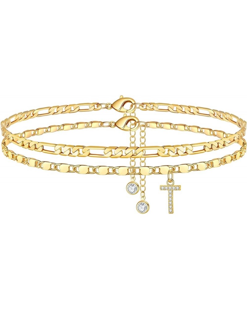 Ankle Bracelets for Women, 14K Gold Plated Dainty Layered Figaro Chain CZ initial Anklets Set Summer Jewelry Gifts for Women ...