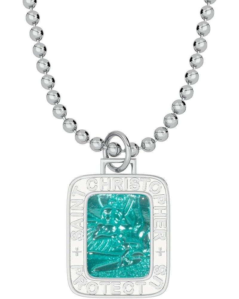 | Rectangle St. Christopher Surf Necklace, 17mm x 14mm Rectangle Pendant, 24" Aluminum Ball Chain Teal/White $9.82 Necklaces