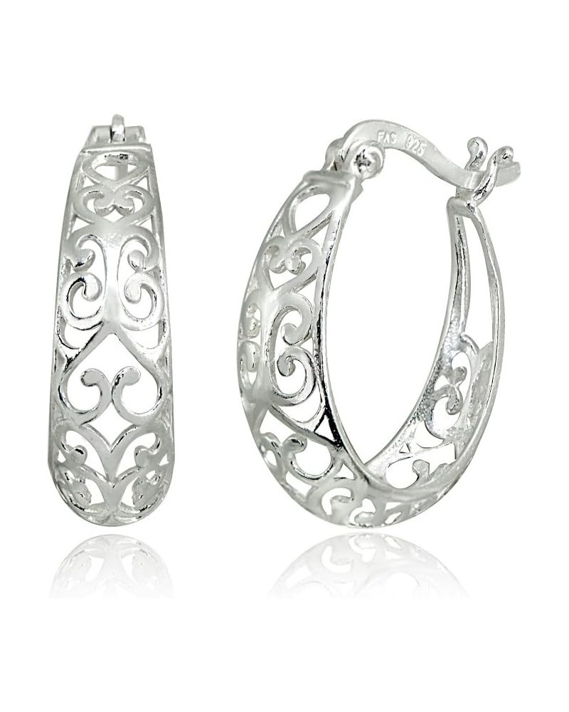 Sterling Silver High Polished Filigree Heart Oval Hoop Earrings Sterling Silver $14.70 Earrings