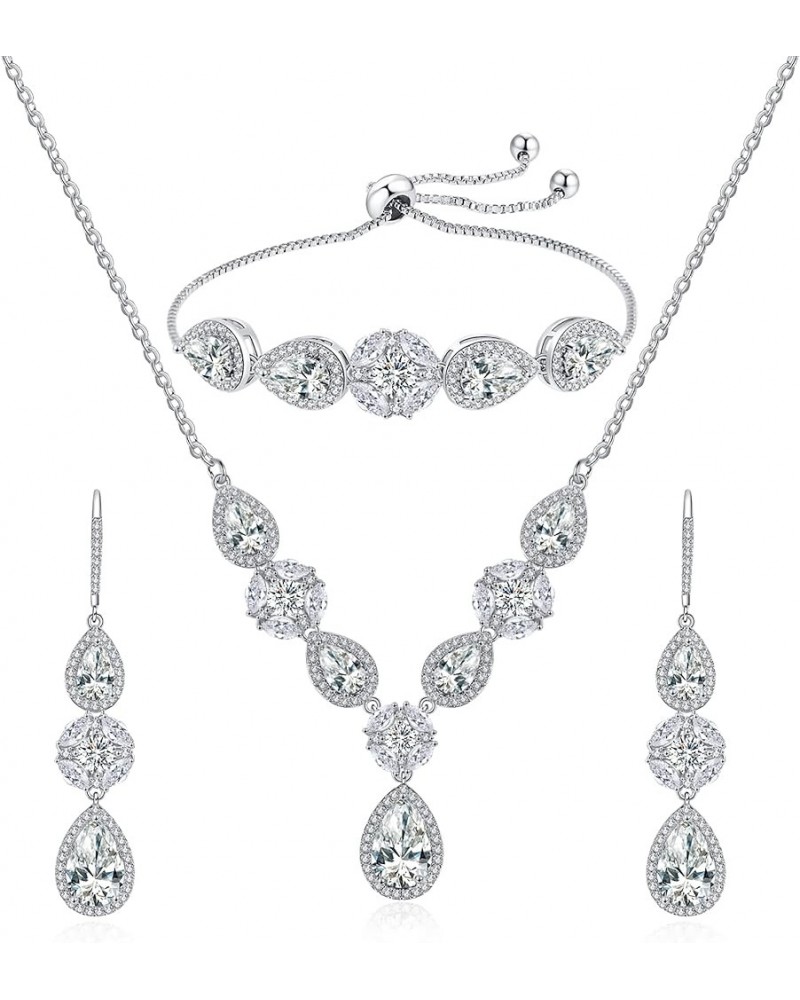 3 Pack Cubic Zirconia Bridal Jewelry Sets for Wedding, Crystal Necklace Dangle Earring Bracelet Jewelry Sets for Women, Prom ...