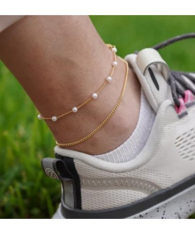 Ankle Bracelets for Women Gold Chain 14K Gold Plated Pearls Beads Anklet Dainty Beach Summer Simple Foot Anklets for Girls Pe...