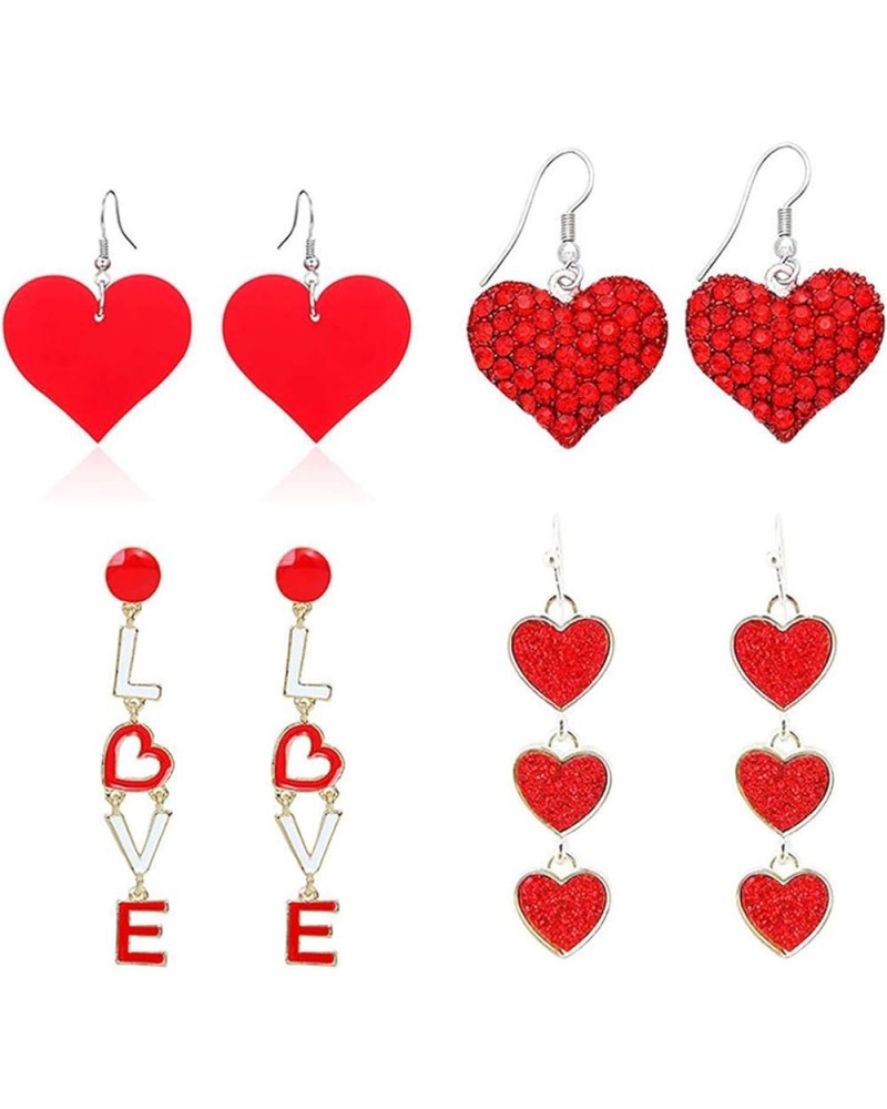 Valentine's Day Heart Dangle Earrings Set Red Heart Rhinestone Hook Earrings Crystal Heart Pendant Drop Earrings Chic Simulat...