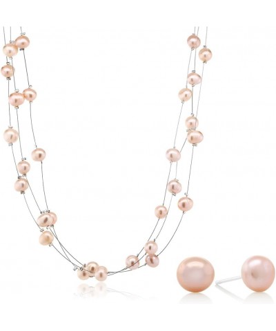 3-Row 7-8MM Pink Cultured Freshwater Pearl 18 Inch Necklace and Earrings Jewelry Set For Women $13.60 Jewelry Sets