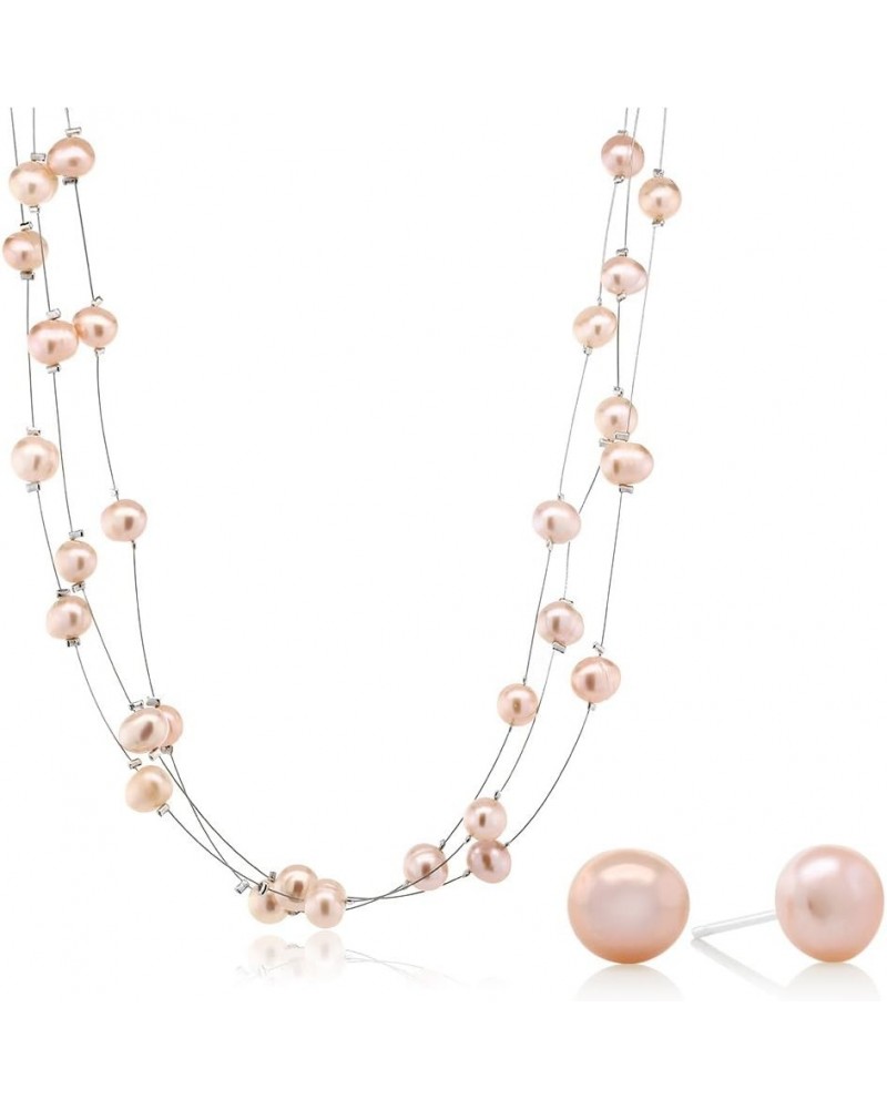 3-Row 7-8MM Pink Cultured Freshwater Pearl 18 Inch Necklace and Earrings Jewelry Set For Women $13.60 Jewelry Sets