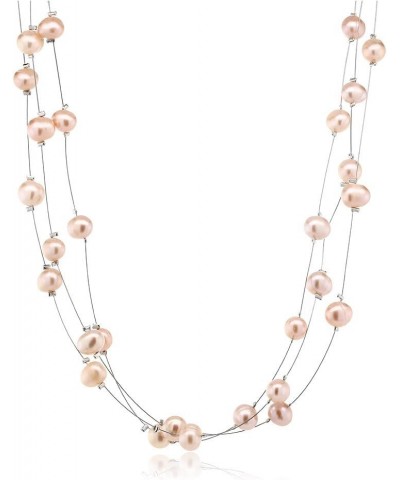 3-Row 7-8MM Pink Cultured Freshwater Pearl 18 Inch Necklace and Earrings Jewelry Set For Women $13.60 Jewelry Sets