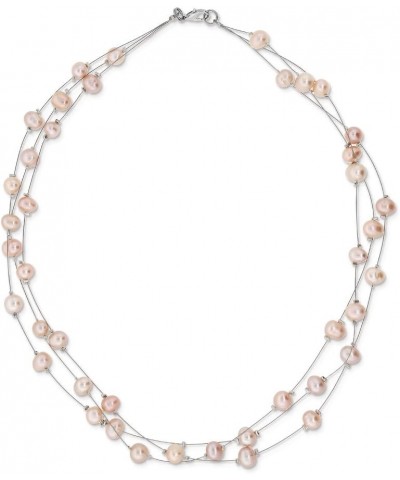 3-Row 7-8MM Pink Cultured Freshwater Pearl 18 Inch Necklace and Earrings Jewelry Set For Women $13.60 Jewelry Sets