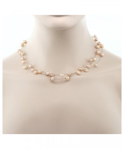 3-Row 7-8MM Pink Cultured Freshwater Pearl 18 Inch Necklace and Earrings Jewelry Set For Women $13.60 Jewelry Sets