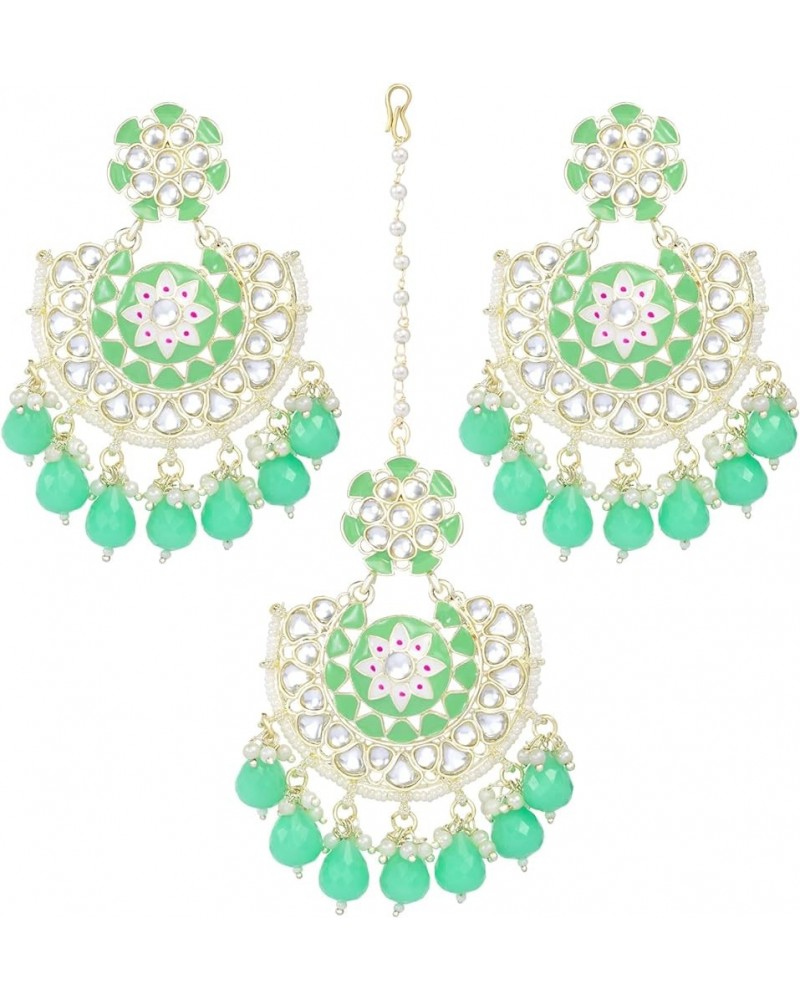 Bollywood Ethnic Maang Tikka Earrings Set Indian Fashion Jewelry For Women Mint Green $15.68 Jewelry Sets