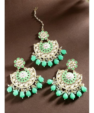 Bollywood Ethnic Maang Tikka Earrings Set Indian Fashion Jewelry For Women Mint Green $15.68 Jewelry Sets